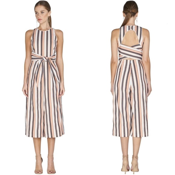 ADELYN RAE Gidget Striped Woven Sleeveless Tie Back Cropped Jumpsuit Size Small - Picture 1 of 12